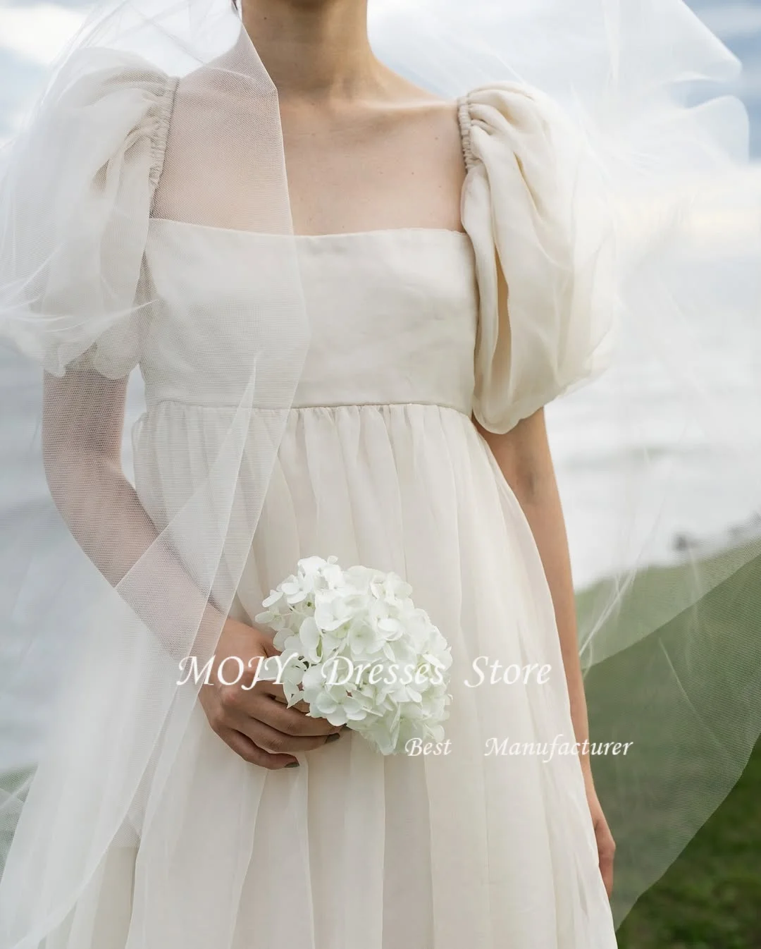 فساتين سهرة بأكمام منتفخة حلوة من Mojy بطبقة مستقيمة لحفلات الزفاف الكورية تبادل لاطلاق النار من الحرير تول فساتين حفلات مخصصة مشد لحفلات الزفاف