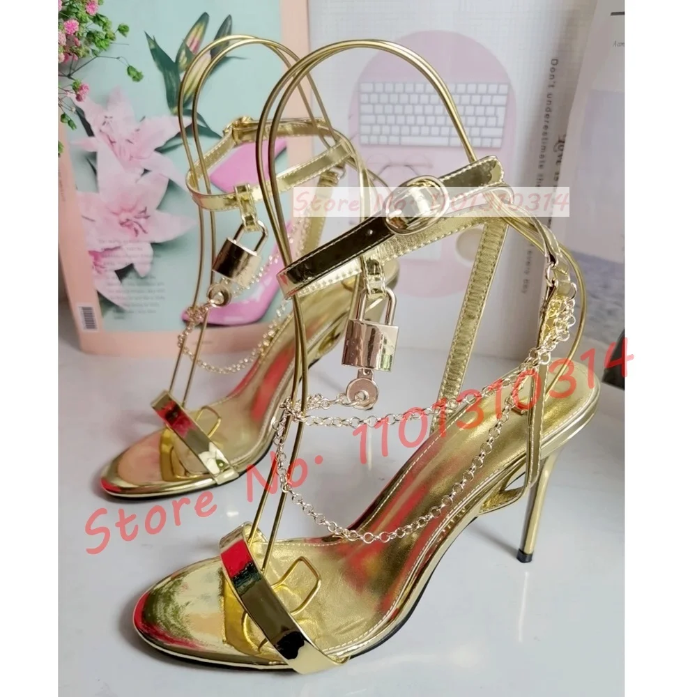 Gold Gorgeous Sandals With Keychain Women Luxury Metal Chain High Heels Shoes Female Summer Party Chic Evening Dress Sandals