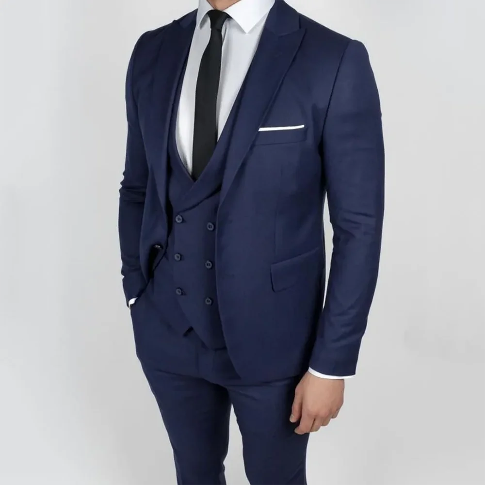 

Men Suit 3 Pieces Jacket Pant Vest Navy Blue With Lapel Solid Color For Wedding Banquet Work Office Business Casual Suit