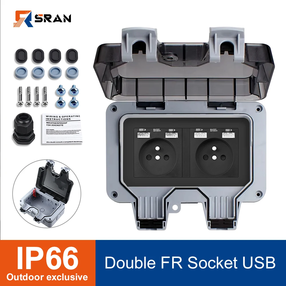 SRAN Outdoor Waterproof Socket 220V 16A French standard Electrical Socket Double For Garden Garage Basement