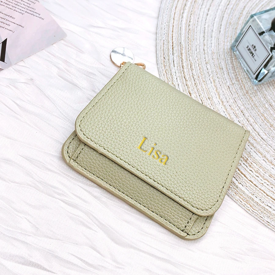 Customized name PU leather short wallet, multi-color and multi-functional ladies' wallet, card case, zipper and coin wallet