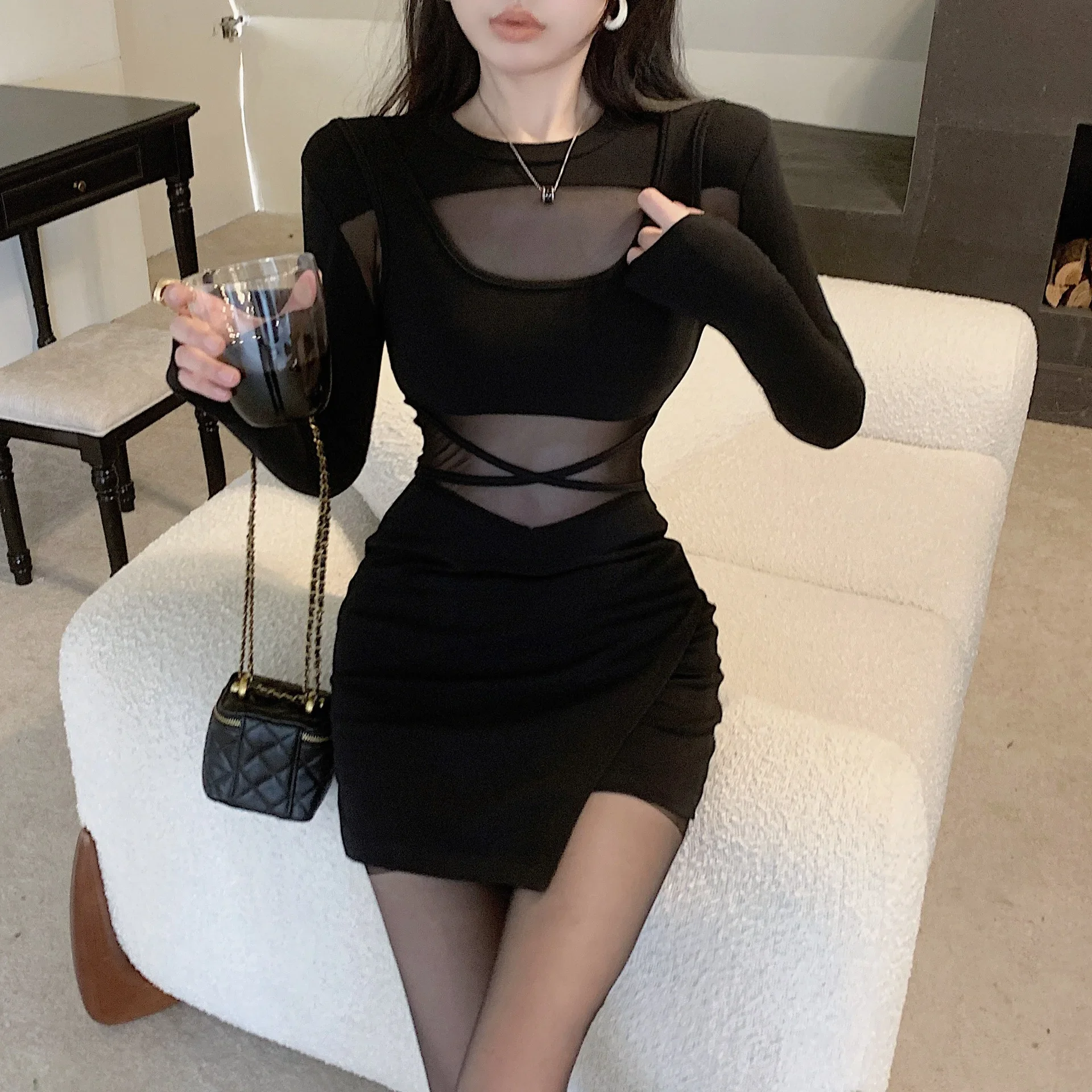 Pure Desire – robe en maille épissée et épicée pour fille, col rond, nouvelle sensation haut de gamme, Niche, taille ajustée, amincissante, portefeuille aux hanches, automne