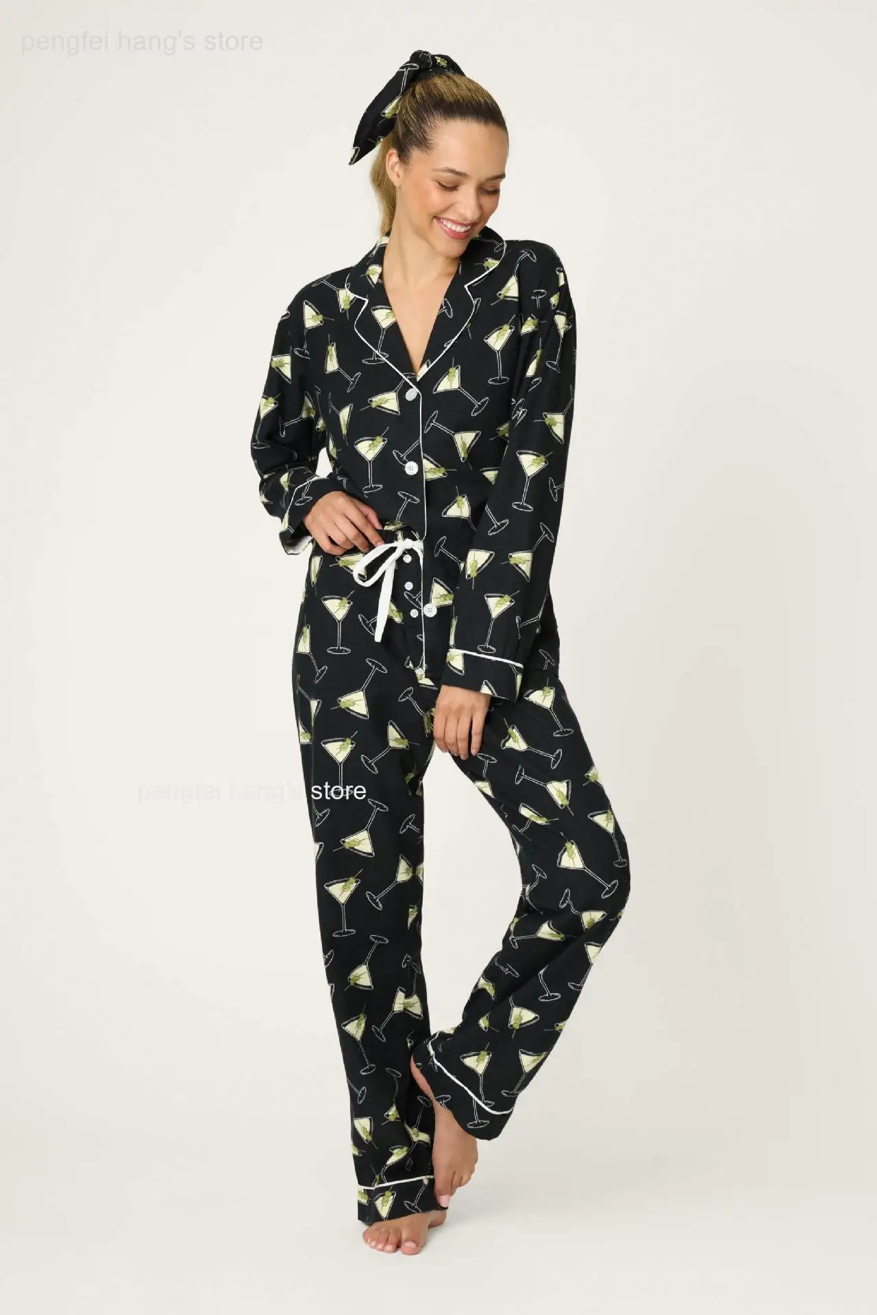Women 2Pcs Loungewear Pajama Set Brushed Cotton Cute Cartoon Pattern, Spring Autumn Long Sleeve Top & Trousers Comfort Homewear