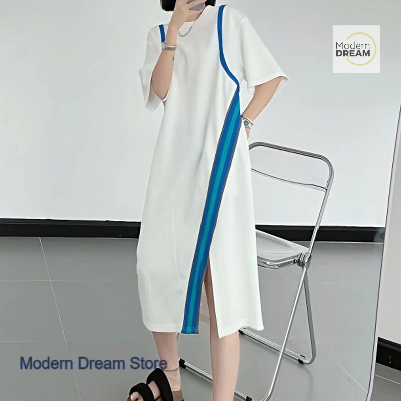 

French-style fashion design sense stitching contrast split dress women's summer new plus size loose short-sleeved T-shirt dress