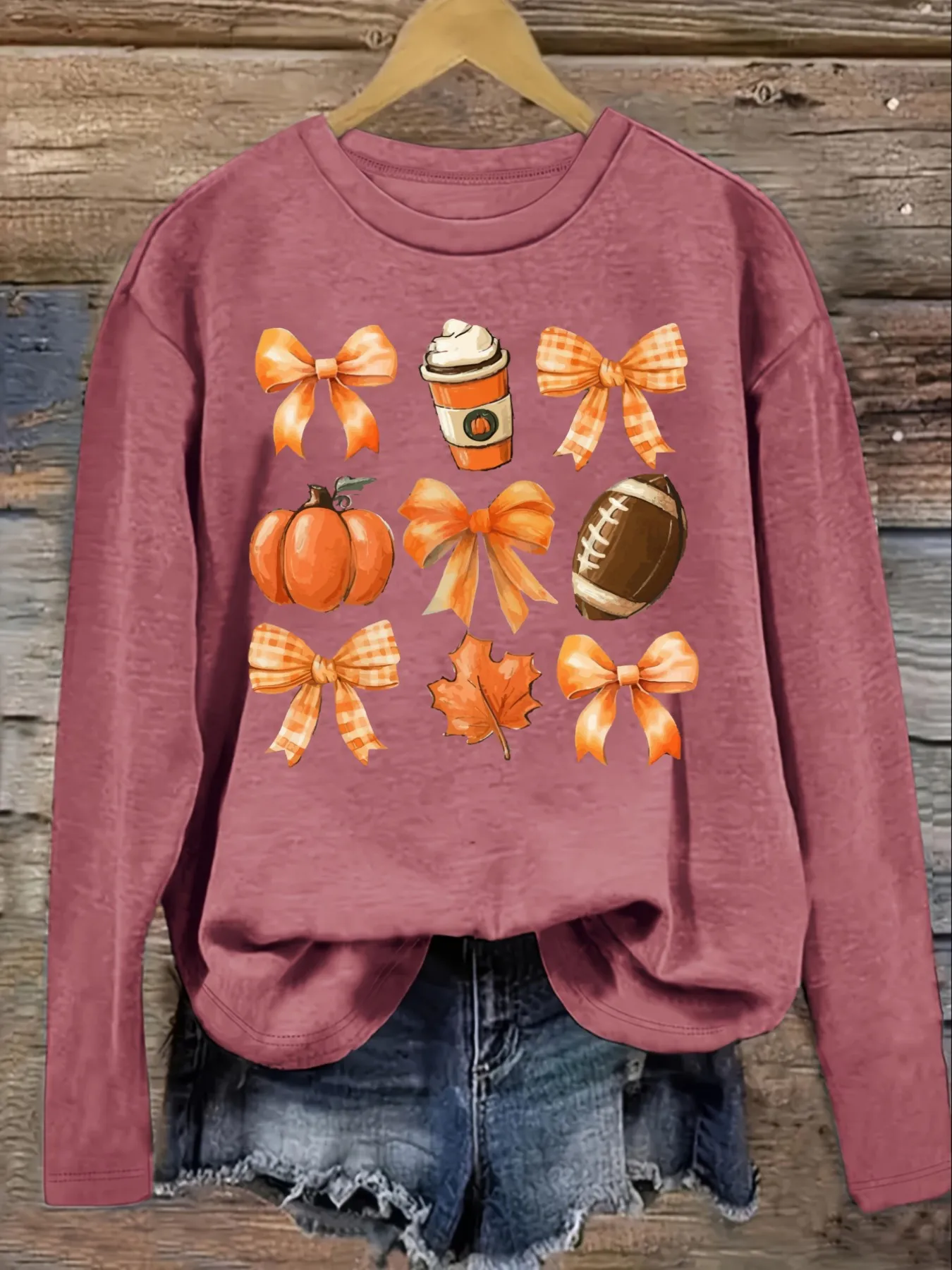 Women's Casual Long Sleeve Crew Neck T-Shirt Pumpkin Bowls Coffee Football Leaves Design, Round Neck Women's Clothing, Machine Washable, Slightly Elastic, Loose Fit, Spring Autumn Winter Women's T-Shirt, Halloween Costume Outfit view 3