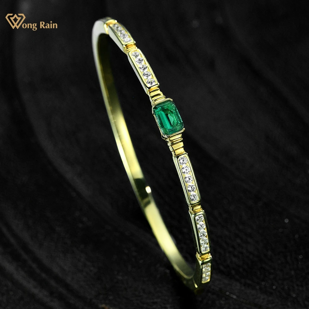 Wong Rain Vintage 18K Gold Plated 925 Sterling Silver 1.5CT Emerald High Carbon Diamond Gemstone Bracelets Bangle Fine Jewelry