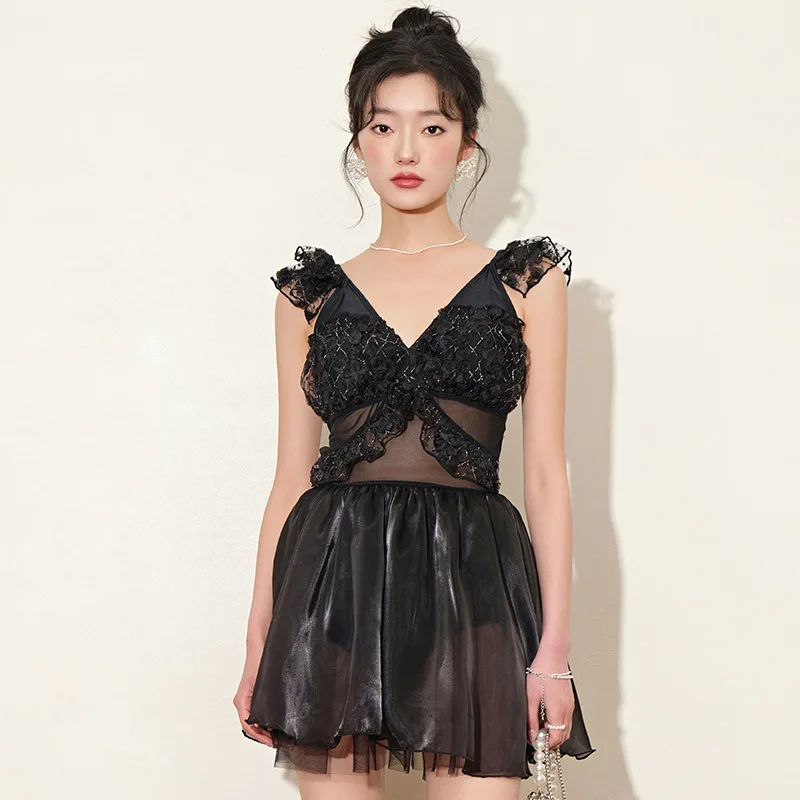 

Wisuwore Korea Fashion Solid One-piece Swimwear Women's V-neck Skirt Style Cover Belly Show Thin Ins Hot Spring Holiday Swimwear