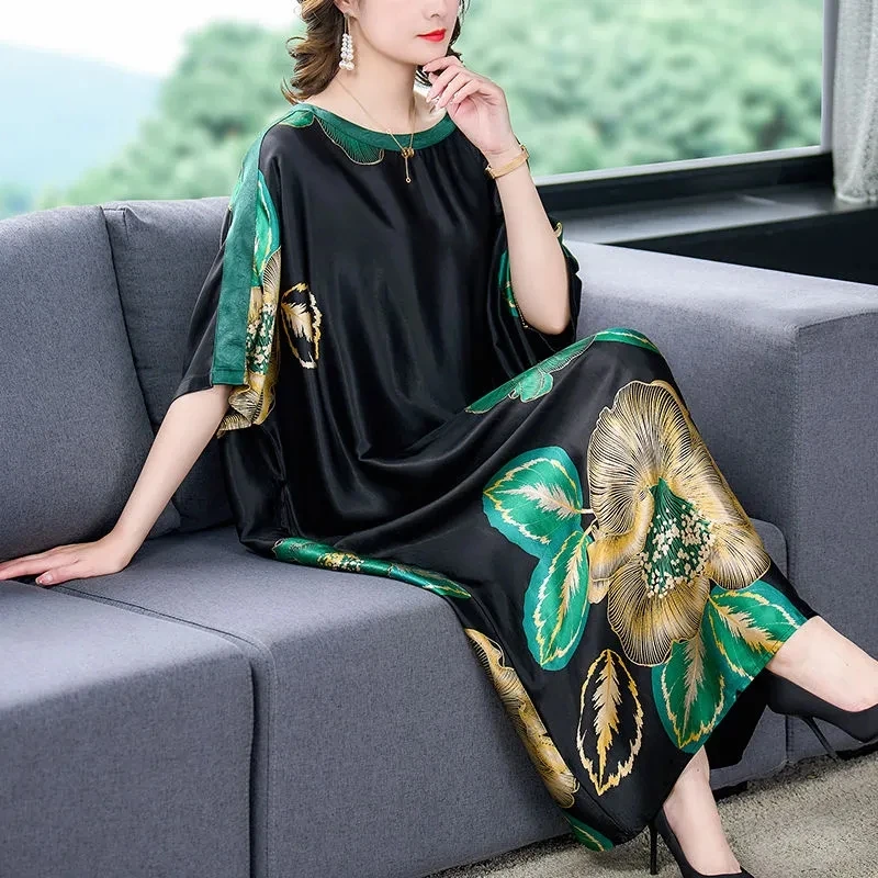 5XL Light Luxury Dress Summer Loose Size Hidden Meat Covering Belly True Quality Silk Smooth Silk Draping Breathable Long Dress