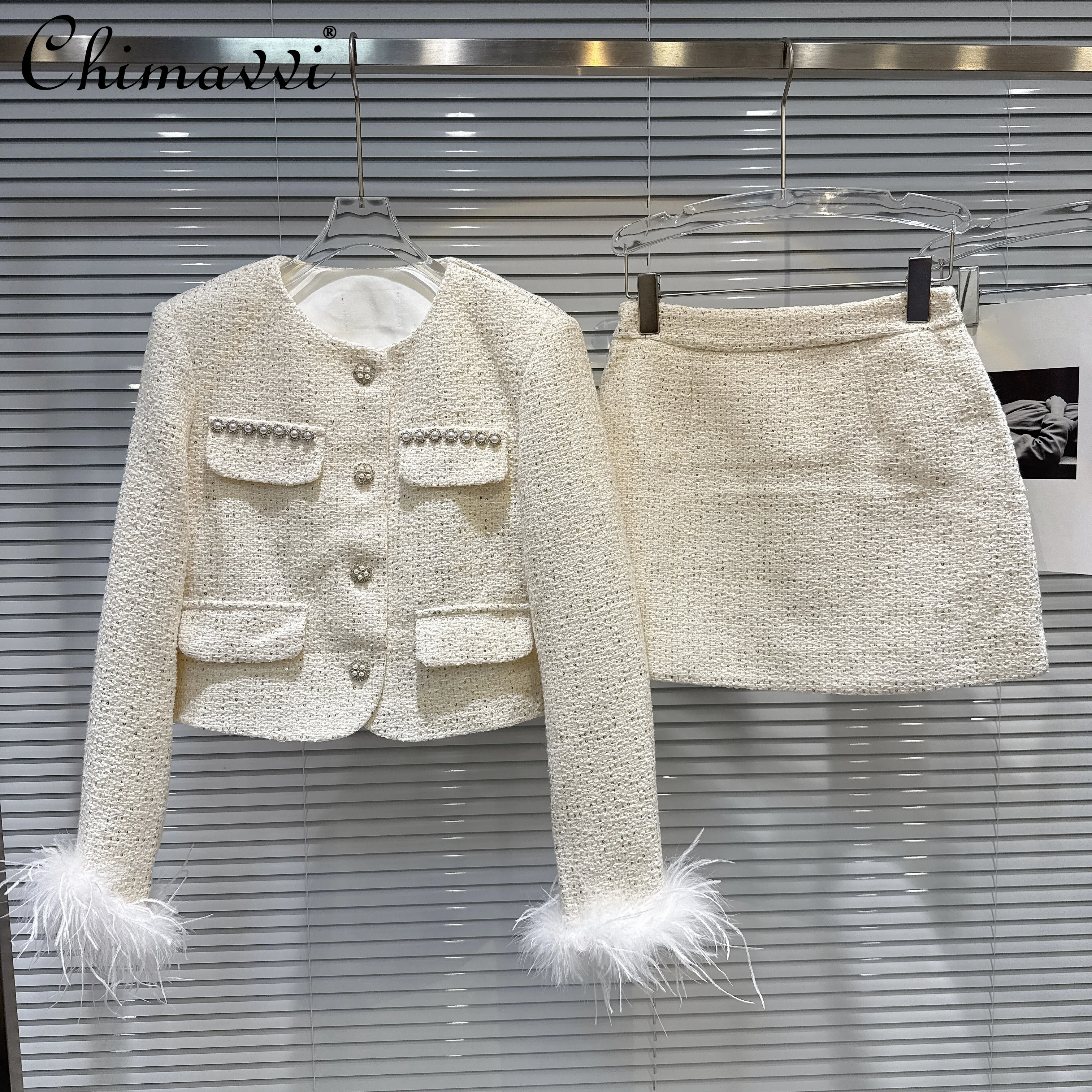 

French Elegant Diamond Bead Feather Splicing Long Sleeve Jackets High Waist Slim Short Skirt Two-Piece Set for Women Autumn 2025
