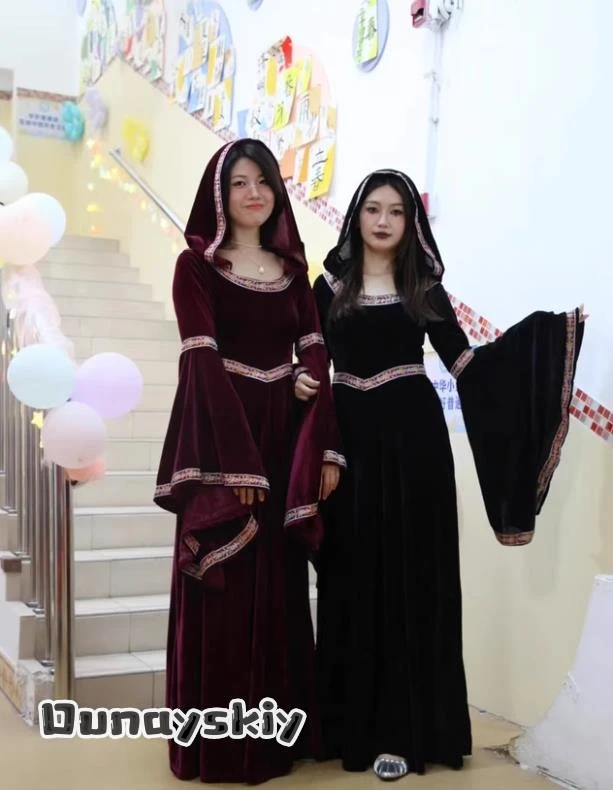 Halloween Gothic Hoodie Witch Cosplay Costume Medieval Retro Women's Dresses Long Skirt Halloween Vampire Adult Role-play Suits