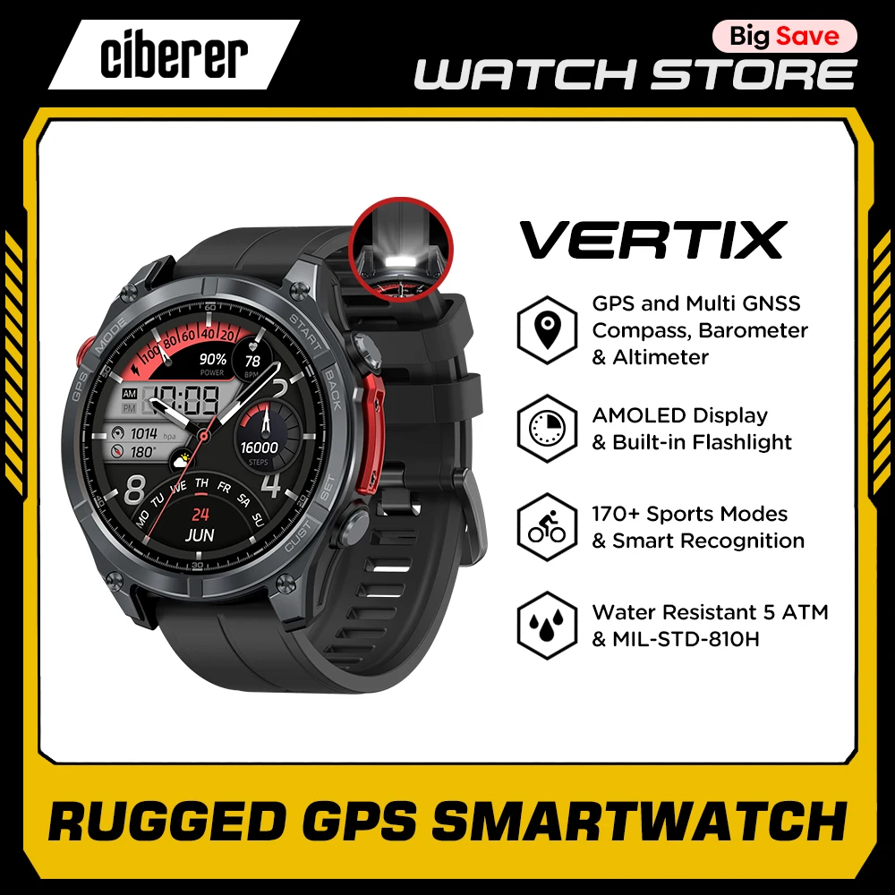 

Новые умные часы Ciberer Vertix Stratos 4 с GPS, 1,43 дюйма, AMOLED-дисплей, встроенный компас, фонарик, 170 спортивных режимов, умные часы 5 атм