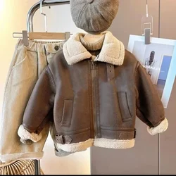 Coat Boys Plush Loose Coat Winter New Baby Fashionable Velvet Fashion Cool Childrens Clothing Turn Down Collar Handsome