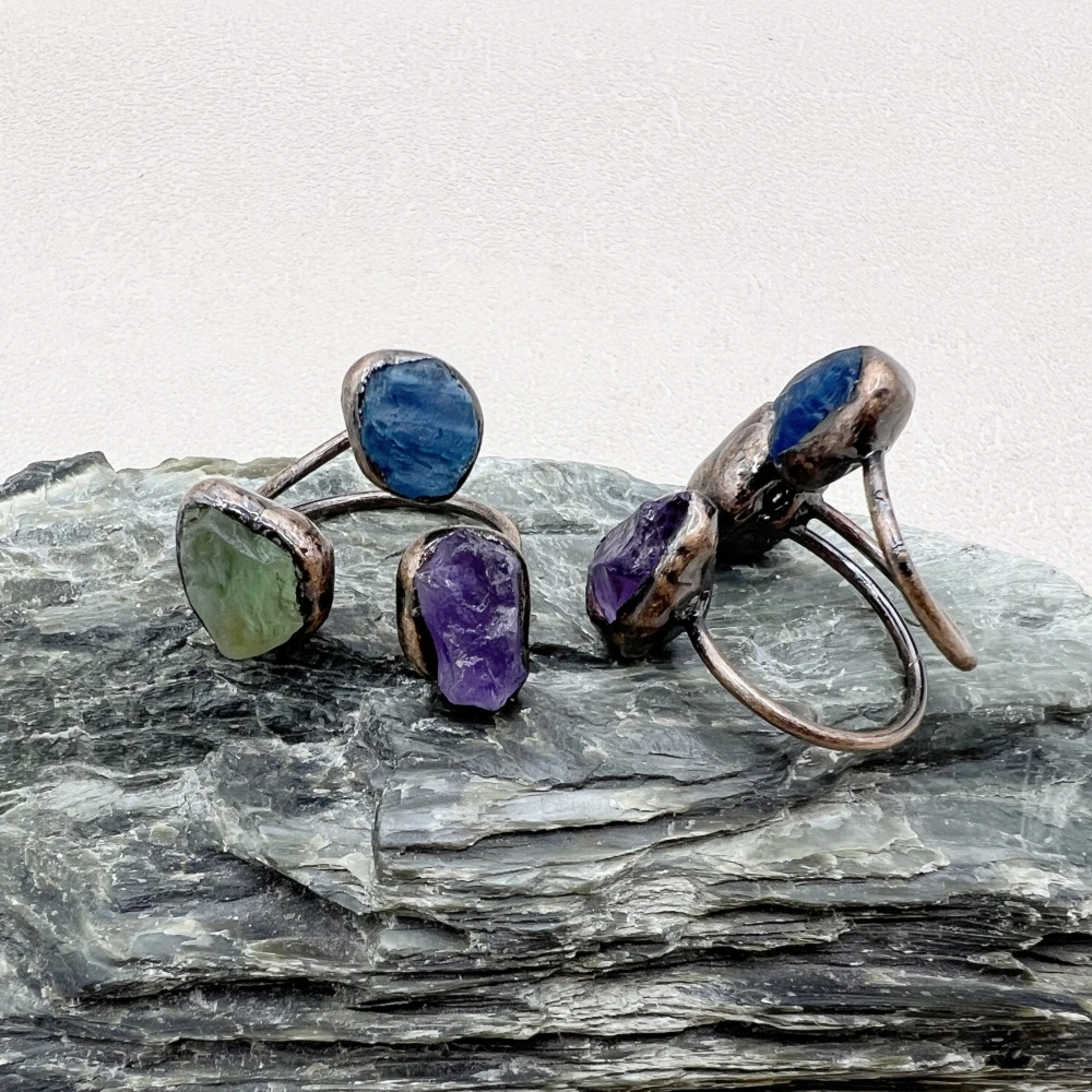 10PCS Bronze Plated Three Stones Natural Raw Crystal Amethysts Fluorite Blue Apatite Adjustable Vintage Rings For Women BOHO