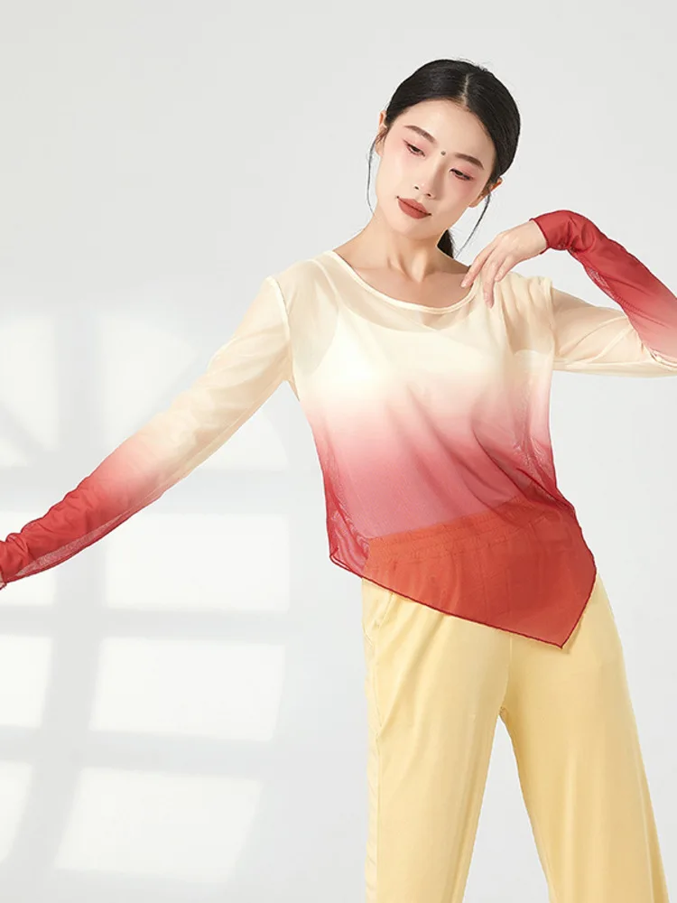 Mesh Kpop Stage Costume Latin Dance Tops Women Cosplay Classic Jazz Gradient Competition Modern Hanfu Line Long Sleeves T-shirt