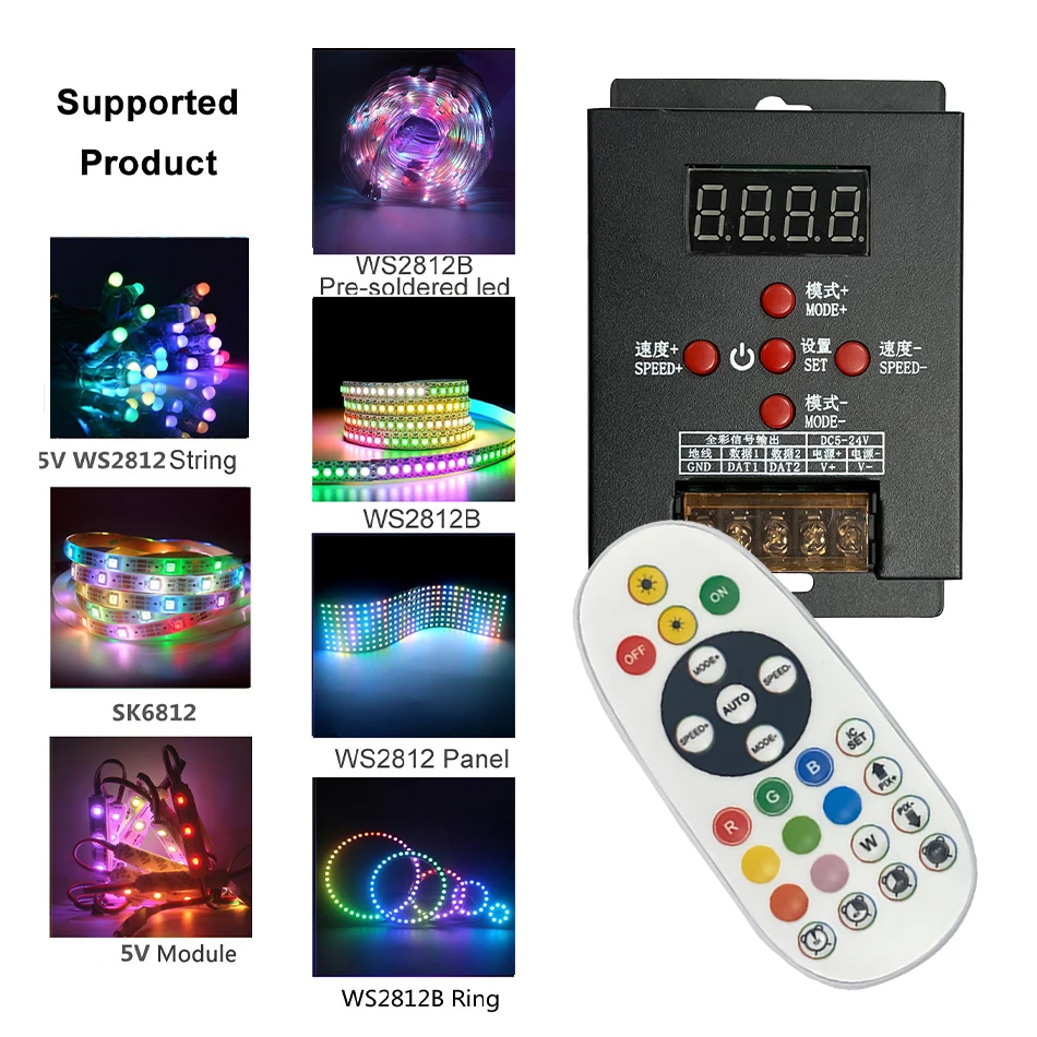 T-500 SPI TTL 5Key LED All Magic Color Controller 2048 Pixel e RF 25 tasti telecomando Dimmer per WS2811 WS2812 RGB Strip Light