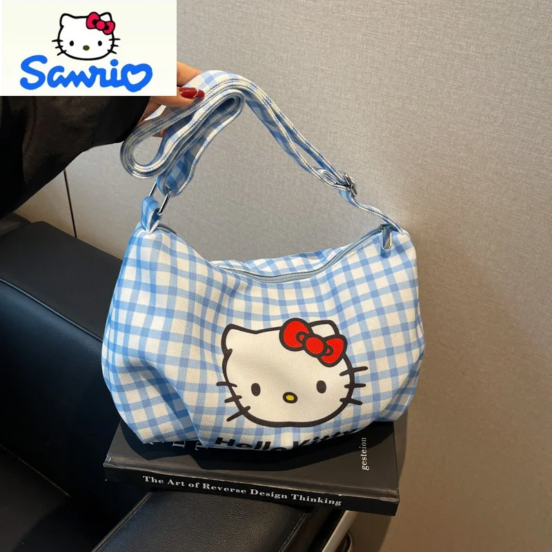 Sanrio Large Capacity Fresh Checkered Cartoon Hello Kitty Crossbody Bag for Women's Casual Versatile Handheld Travel Bag