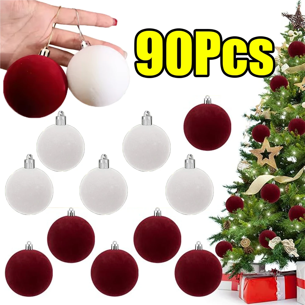 1-90Pcs Christmas Velvet Balls Xmas Tree Decoration Christmas Tree Ornaments Flocked Ball for Family Wedding Party Decoration