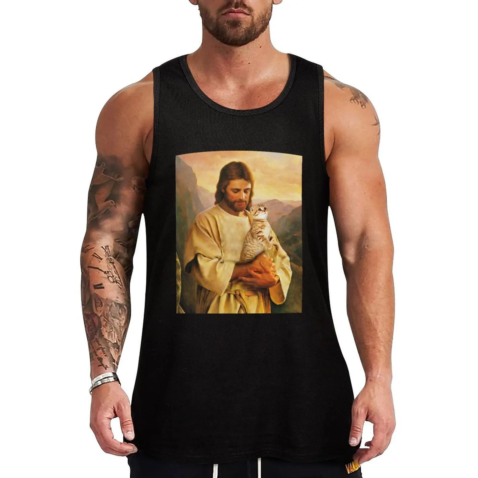 

funny cat and jesus lover Tank Top sports vest Men's t-shirt Men's sleeveless gym shirts anime t-shirts
