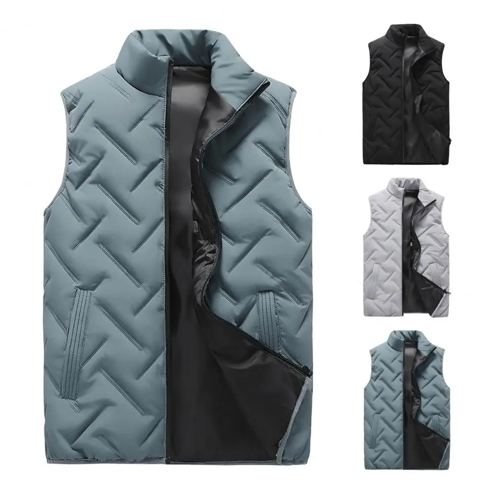 Down Alternative Padded Vest Men's Winter Stand Collar Sleeveless Vest with Zipper Closure Pockets Solid Color Thickened Padding