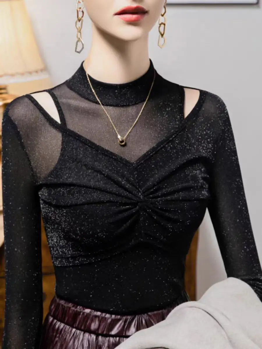 Spring Autumn T-Shirts Girl Hollow Out Long Sleeve Stand Neck Folds Tee Tshirt Lady Black Mesh Tops
