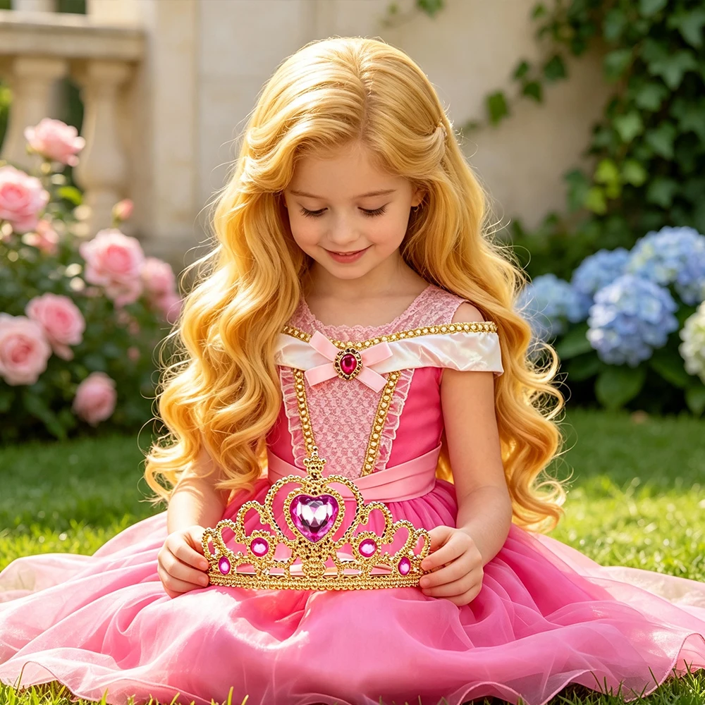 Kinder Rosa Feenprinzessin Kostüm Mädchen Geburtstag Schulterfreies Ballkleid mit Krone Zauberstab Handschuhe Set Kinder Halloween Kostüme – Detail 10