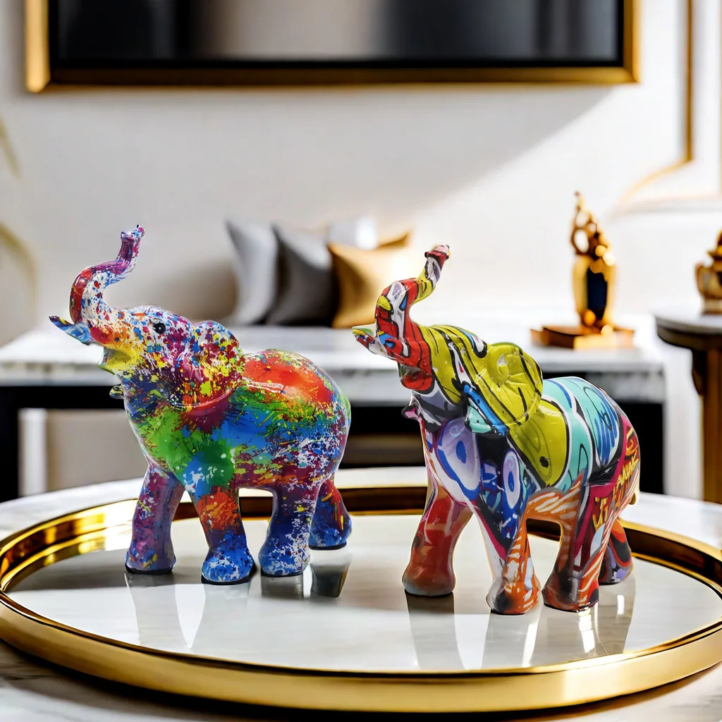 Elephant Decorative Craft Draw Graffiti Doodle Colorful Resin Handicrafts for Home TV Bench Wine Cabinet, Decorative Gift