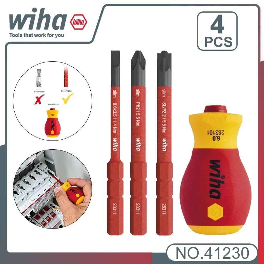 Genuine WIHA  41230 Stubby Screwdriver Set 1000v VDE Holder with 3 SlimVario Bits SL/PZ2, Slot 3.5mm, PH2  torx