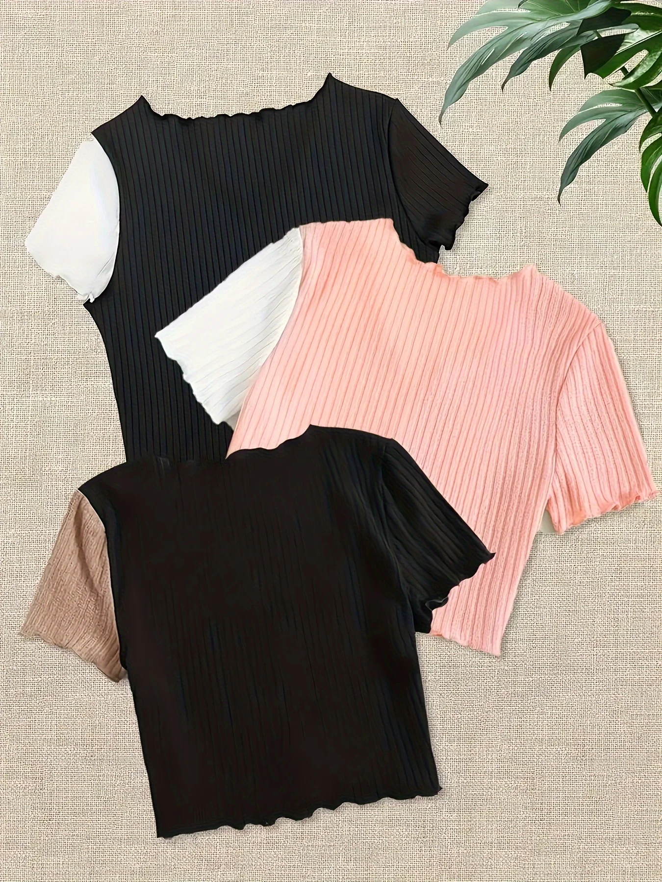 3pc Women Chic Ribbed Knit Crop Top Wavy V Neck Button Front Short Sleeve Slim Solid Basic Summer Tee