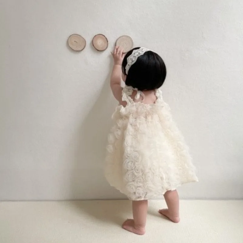 Milk White Rose Blossom One Year Old Baby Dress Photography Princess Dress Wooden Ear Edge Cute Sling Dress 0-5T