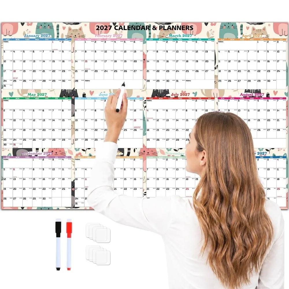 Practical Foldable 2027 Wall Calendar Erasable Surface Waterproof Yearly Wall Planner Large To Do List Agenda Planner Home