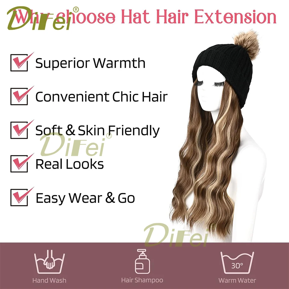 Gorro de punto de felpa con pelo para mujer, extensiones de cabello Artificial ondulado largo sintético, peluca cálida de invierno, sombrero falso