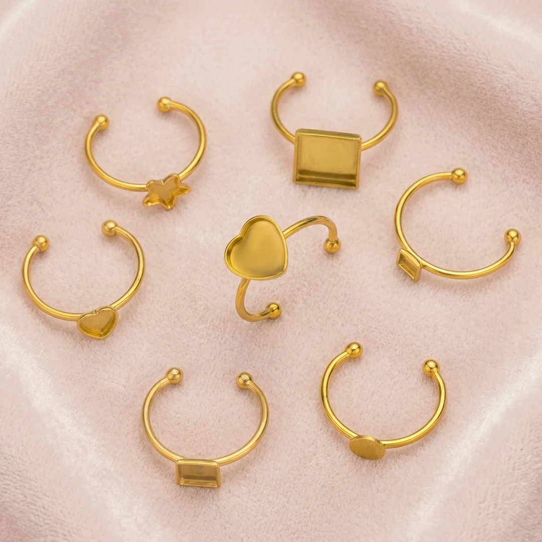 5pcs Stainless Steel Ring Base Adjustable Rings Tray Settings Cabochon Base Bezel Heart Round Finger Cuff Rings Making for Women