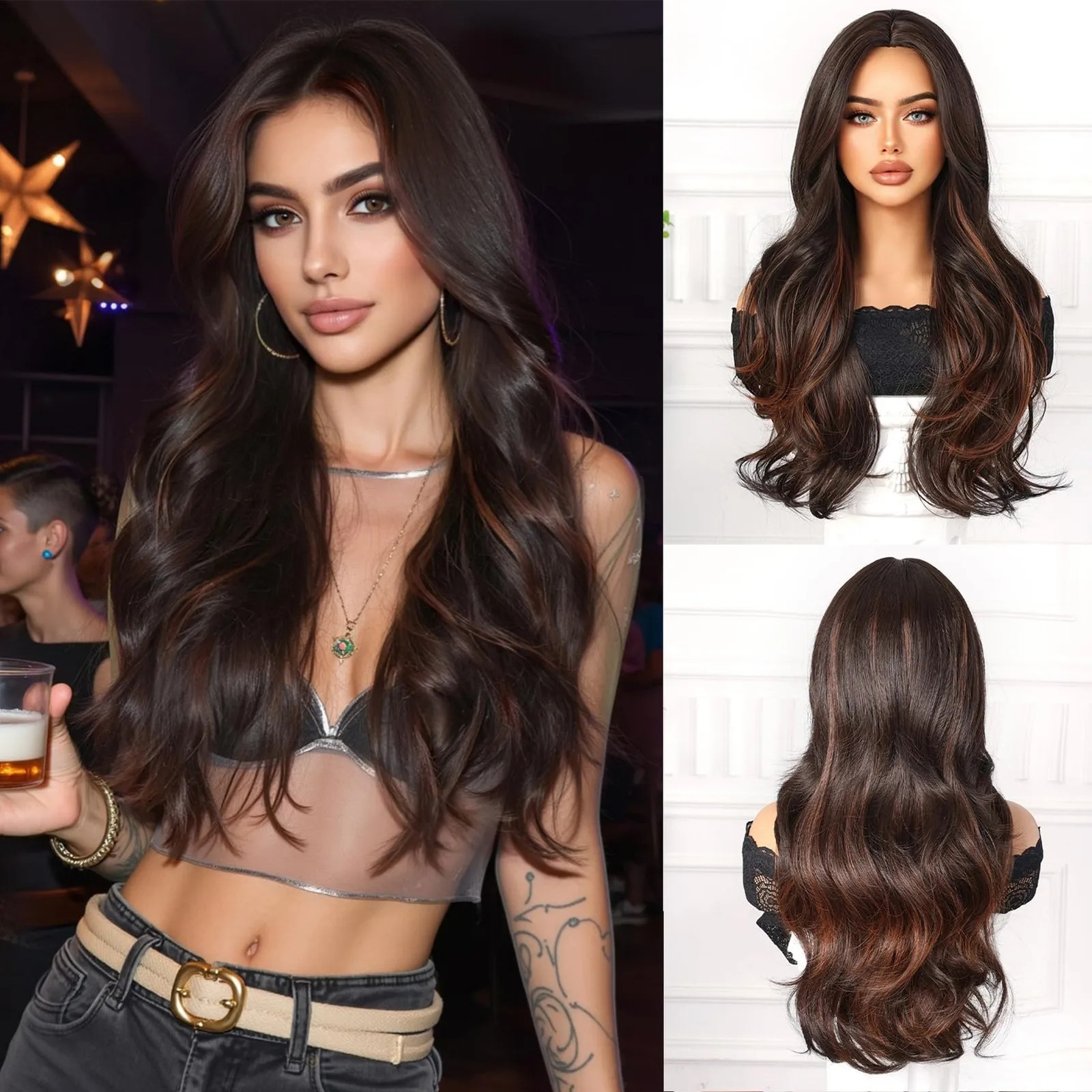 

Brown Wigs for Women Highlight Wig Long Wavy Wig Layered Dark Brown Wig 26 In...