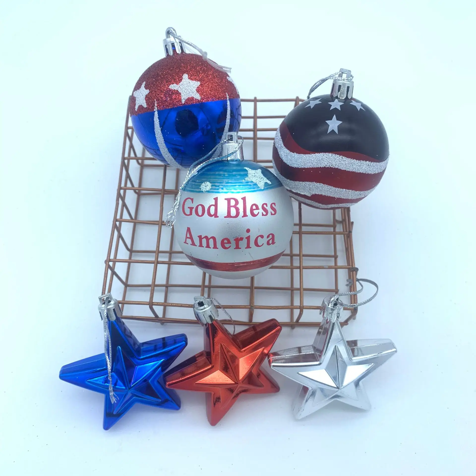 American Independence Day Flag Pattern Set 24 Christmas Ball Three Dimensional Five Pointed Star Hanger Set Bucket