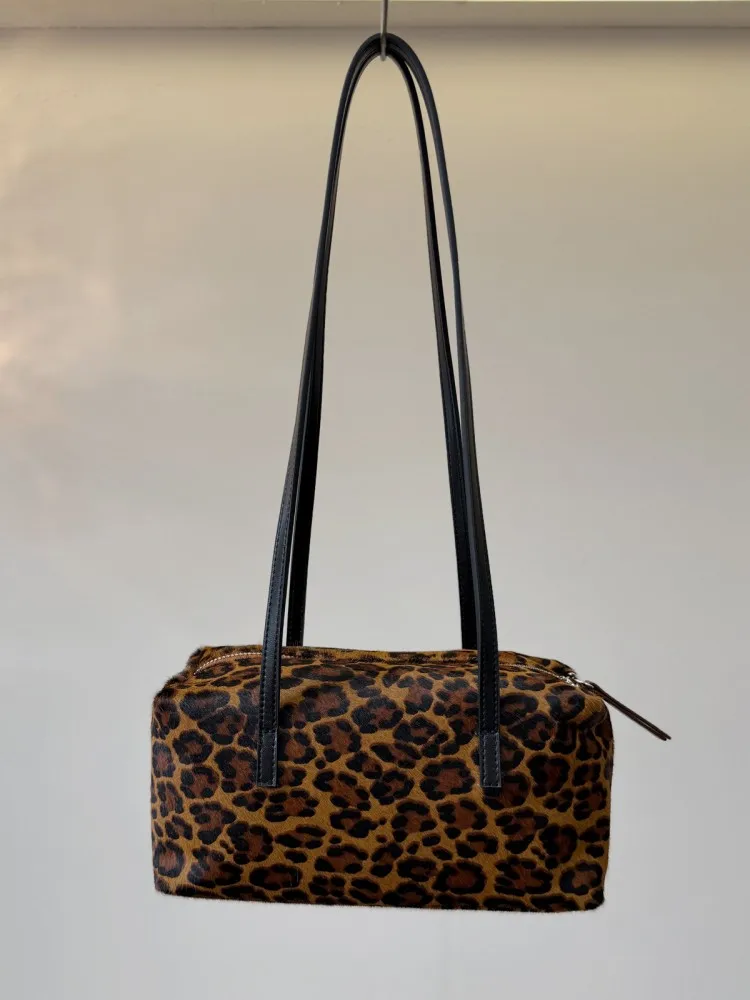 Office Lady Elegant Totes Handbag Zip Genuine Leather Horsehair Leopard Print Fashion Casual Women Single Shoulder Underarm Bags
