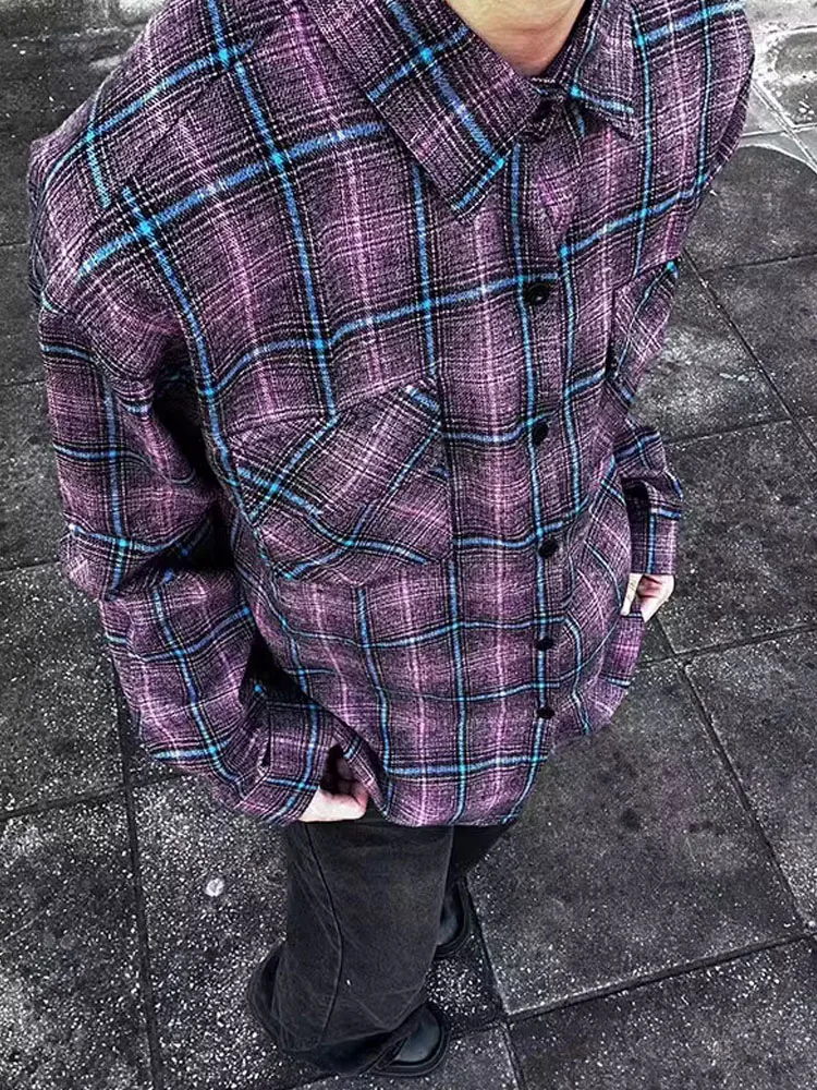 American Retro Purple Red Plaid Shirt Men's Spring Autumn Style Trendy High-End Feeling Handsome Vintage Shirt Jacket