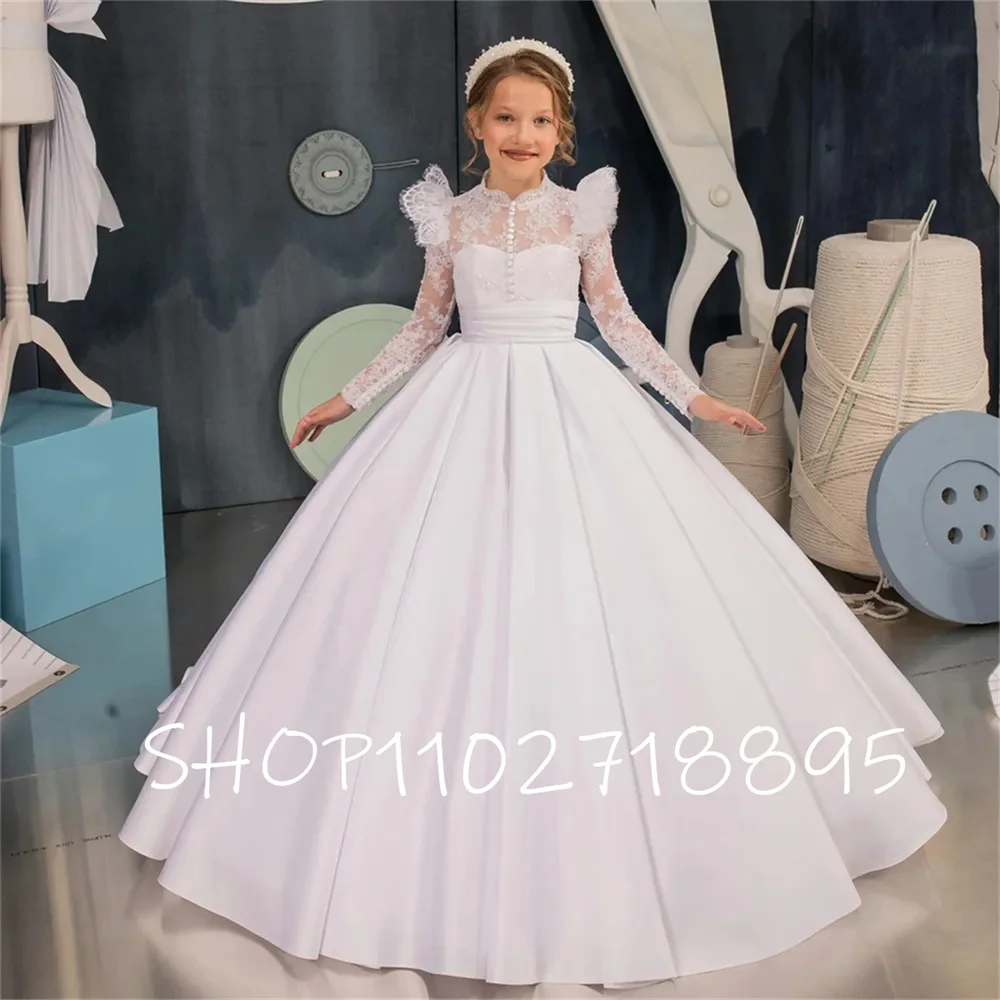 Flower Girl Dress White Satin Lace Shiny Long Sleeve Wedding Elegant Little Flower Child Communion Party Princess Dress