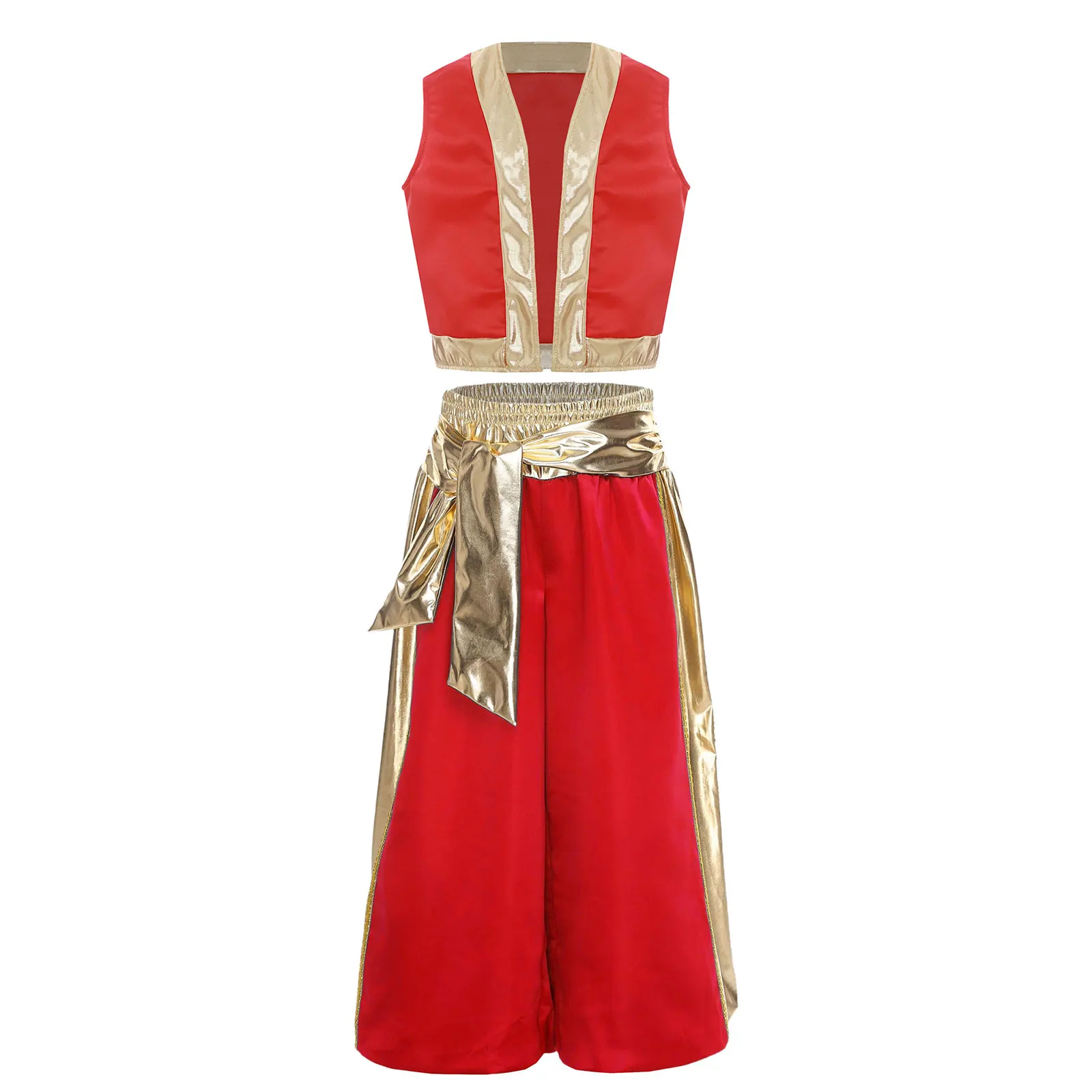 

Kids Boys 2Pcs Arab Prince Cosplay Costume Loose Vest And Metallic Patchwork Bloomers Harem Pants Outfit Set for Halloween Party