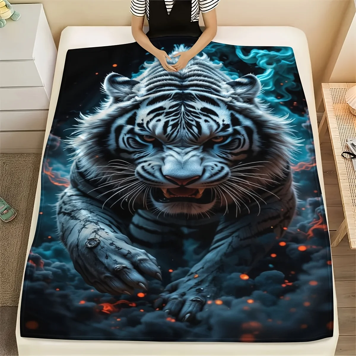 Illuminating eye white tiger pattern Flannel printed blanket suitable for all seasons suitable for living office sofa and travel