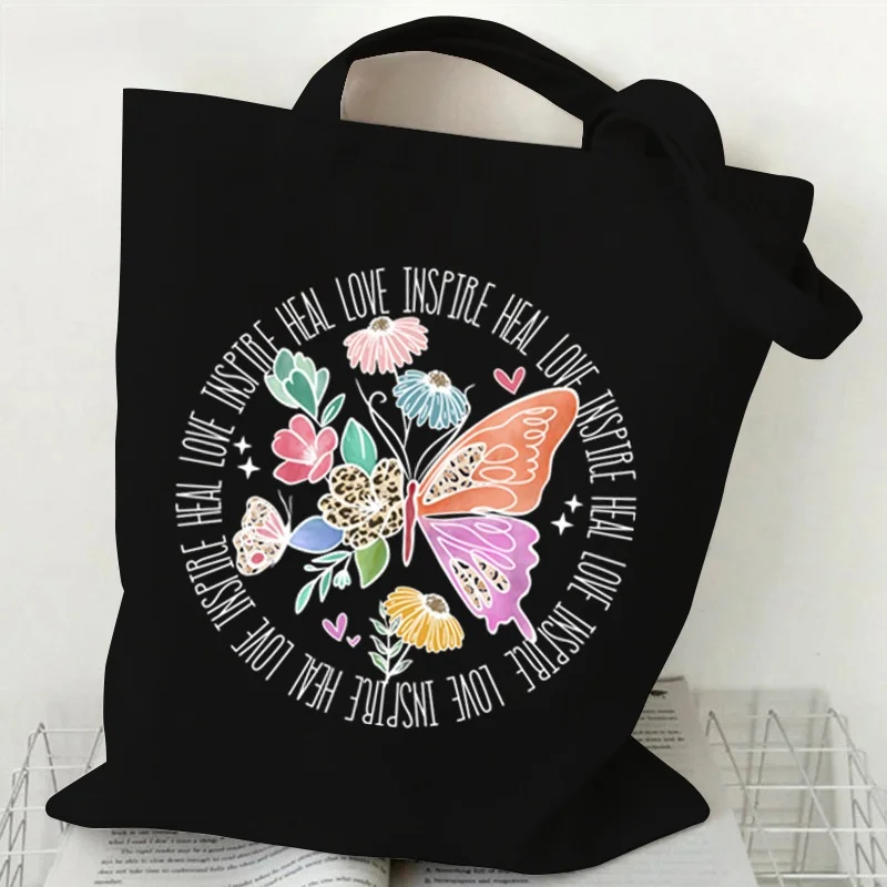 

Colorful Inspirational Butterfly Canvas Tote Bag "Heal Love Inspire" Print Shoulder Bag Reusable Eco Friendly Tote