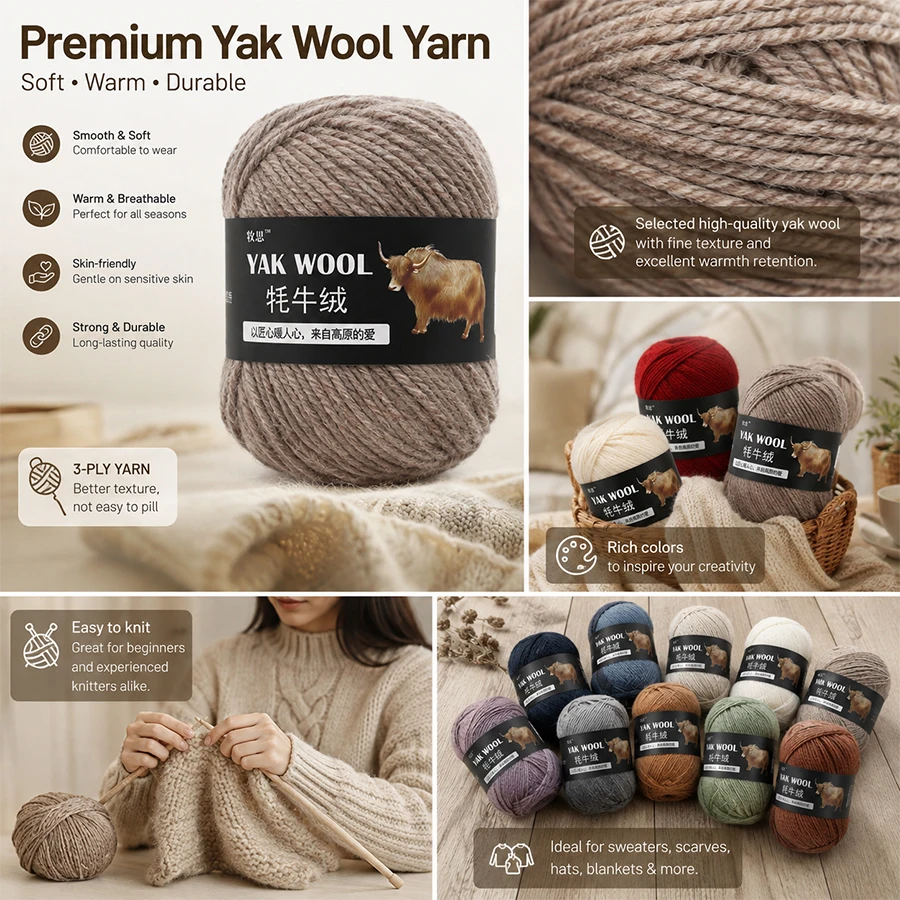 3-fädiges Yak-Woll-Strickgarn 100g Weiches Warmes Häkelgarn für Winterschals, Mützen und Handarbeiten