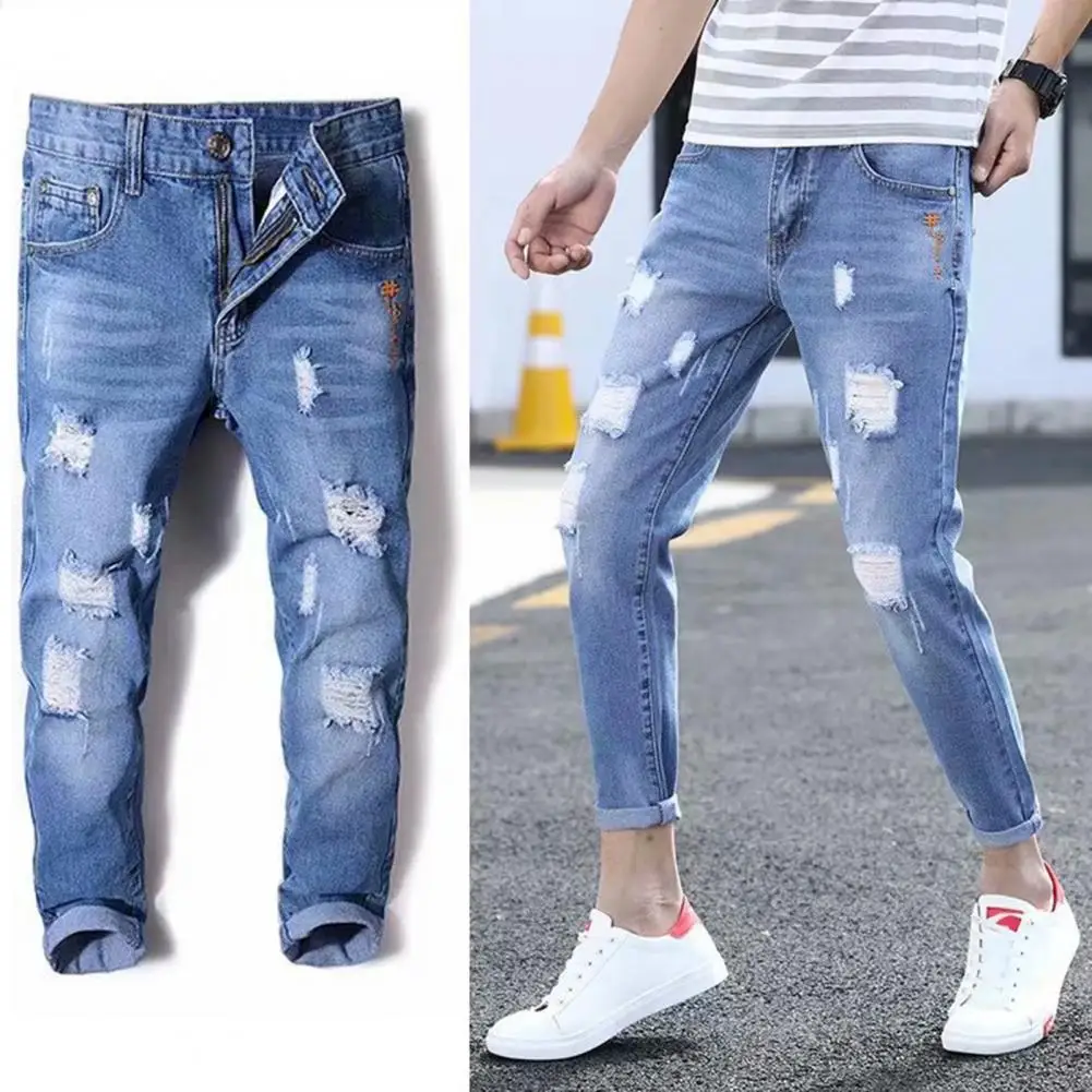 

Cool Denim Trousers Comfy Ripped Holes Slim Fit Denim Pants Korean Style Lightweight Men Jeans Daily Garment