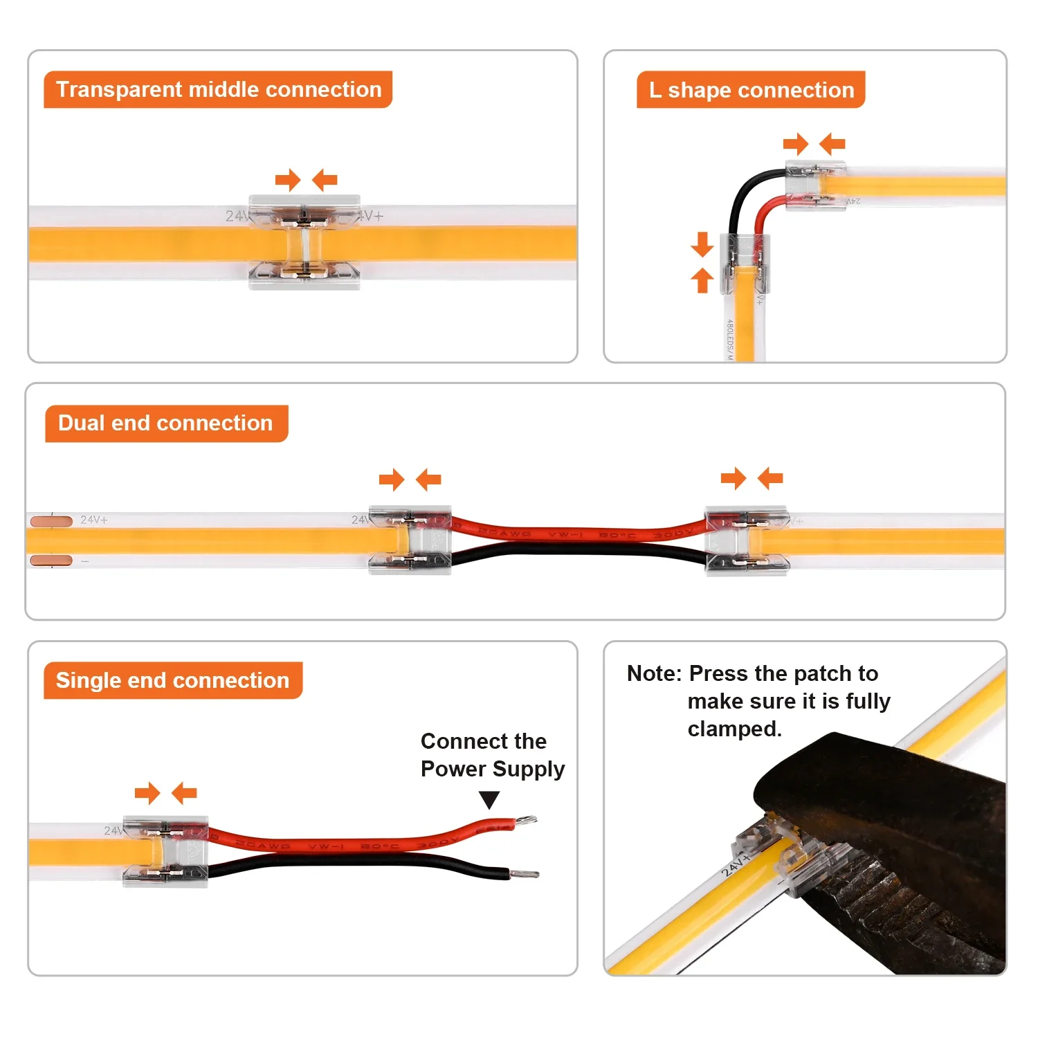 12 sztuk bezlutowe złącze LED Przezroczyste złącza 4 w 1 DIY z przewodem 15 cm do taśm LED 2pin 8mm 10mm COB SMD