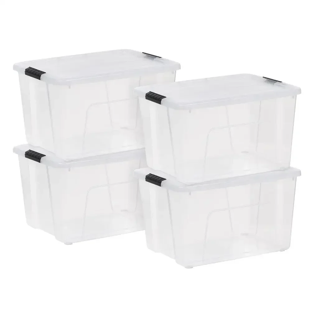 

Plastic Storage Bins 60 Qt Clear Latching Stackable Totes 4Pk Durable Organizational Solutions Storage Solutions Vertical Space
