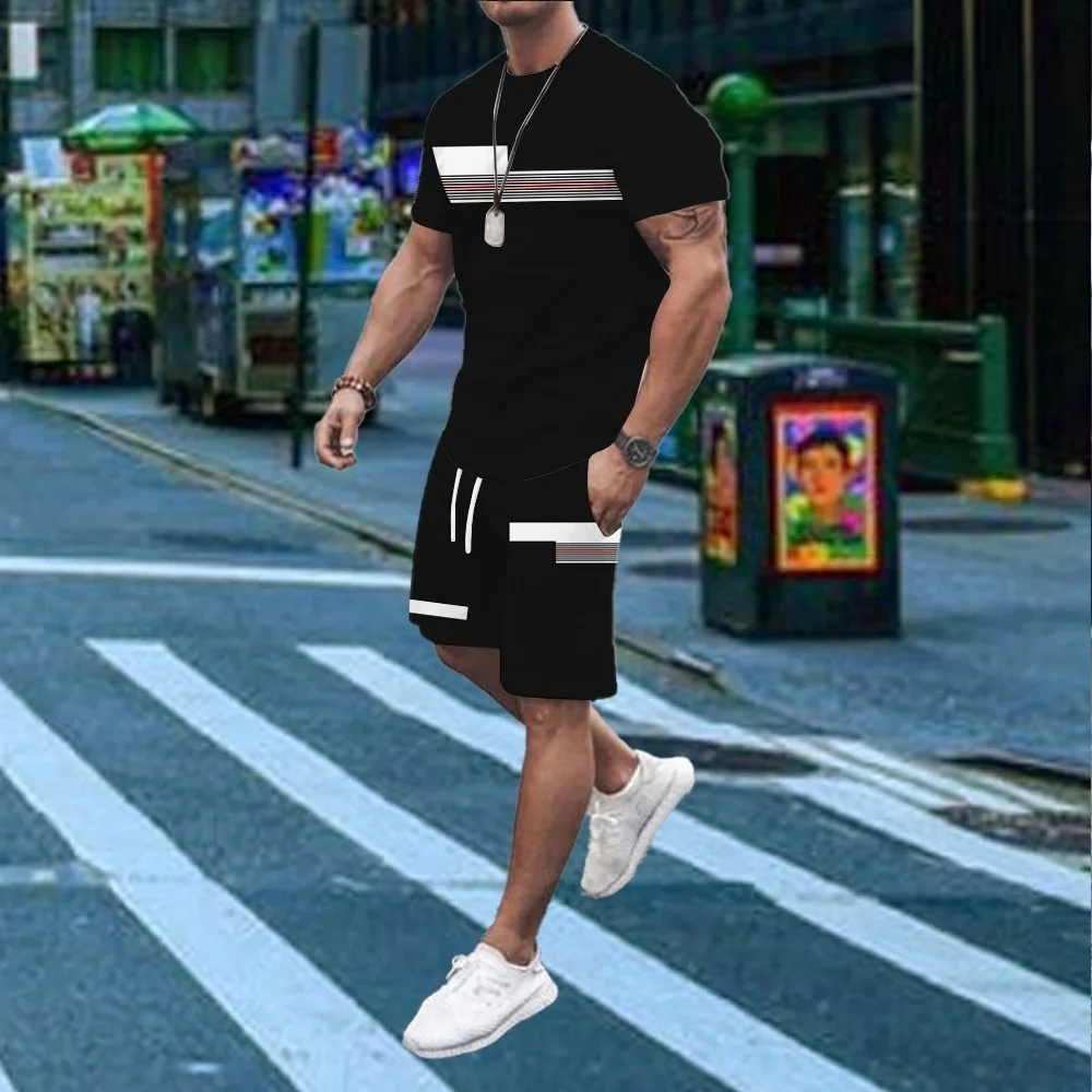 

Fashionable Minimalist Wide-Stripe Men's Suit Summer Casual 3D-Printed Color-Block Polyester T-Shirt Streetwear Athletic Set