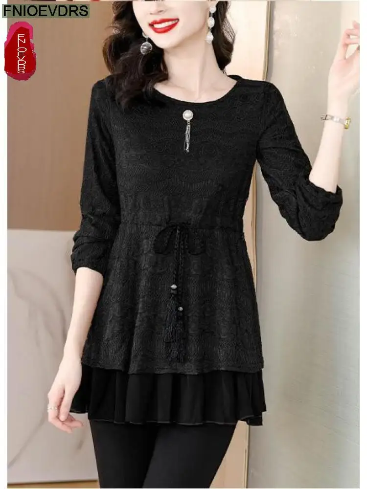 2022 Basic Shirt Tunic Tops Hot Sales Women Long Sleeve Elegant Office Lady Patchwork Sheer Belly Design Peplum Top Blouses