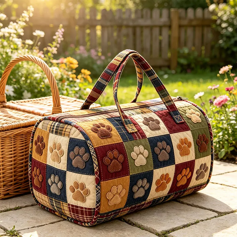Vintage Plaid Patchwork Quilted Duffle Bag 3D Paw Print Travel Bags for Pet Lovers Weekend Overnight Storage Handbag Gift