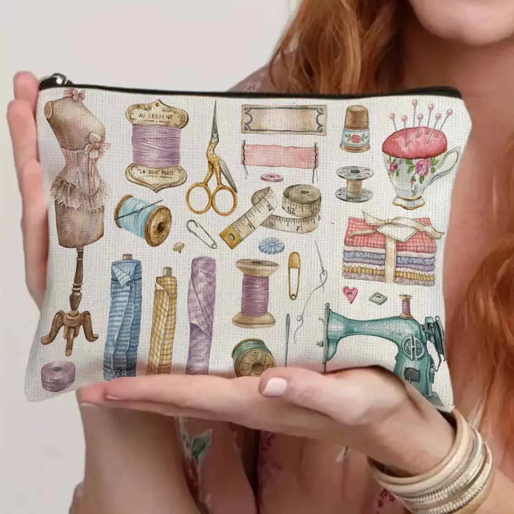 Retro Sewing Storage Bag Cross-border Creative Printing Cosmetics Storage Bags Pencil Bags Factory Direct Sales Makeup Pouch