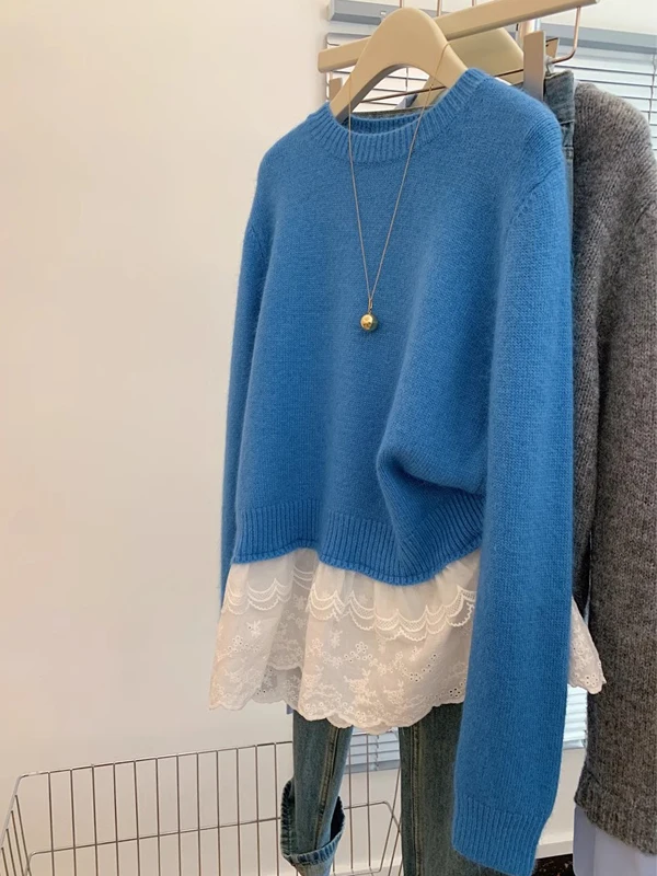 Retro Lace Splice Oversized Knitted Sweater Women's Winter New Style Korean Ballet Loose Knitwear Top for Small Figures