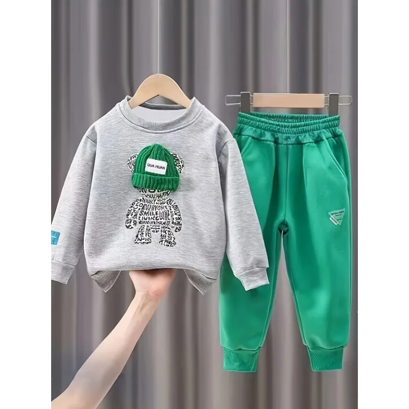 2024 Autumn Fashion Kid Clothes Boy Children\'s Set Bear Pattern Pullover Sweatshirt and Pant Outfit